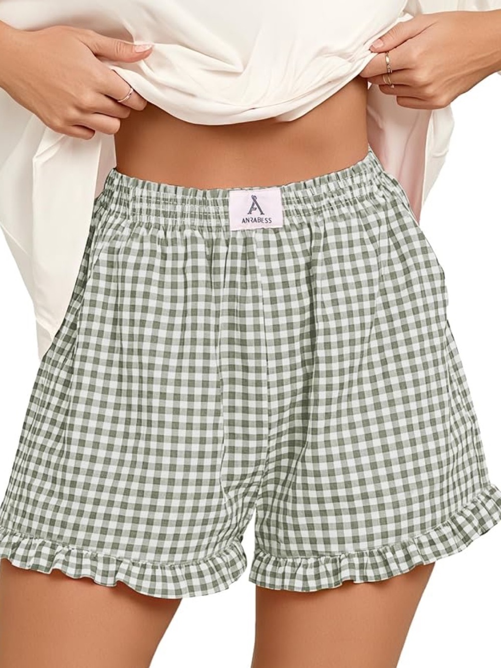 ANRABESS NWT Green Gingham Plaid Boxer Shorts Ruffle Hem High Waist Large L